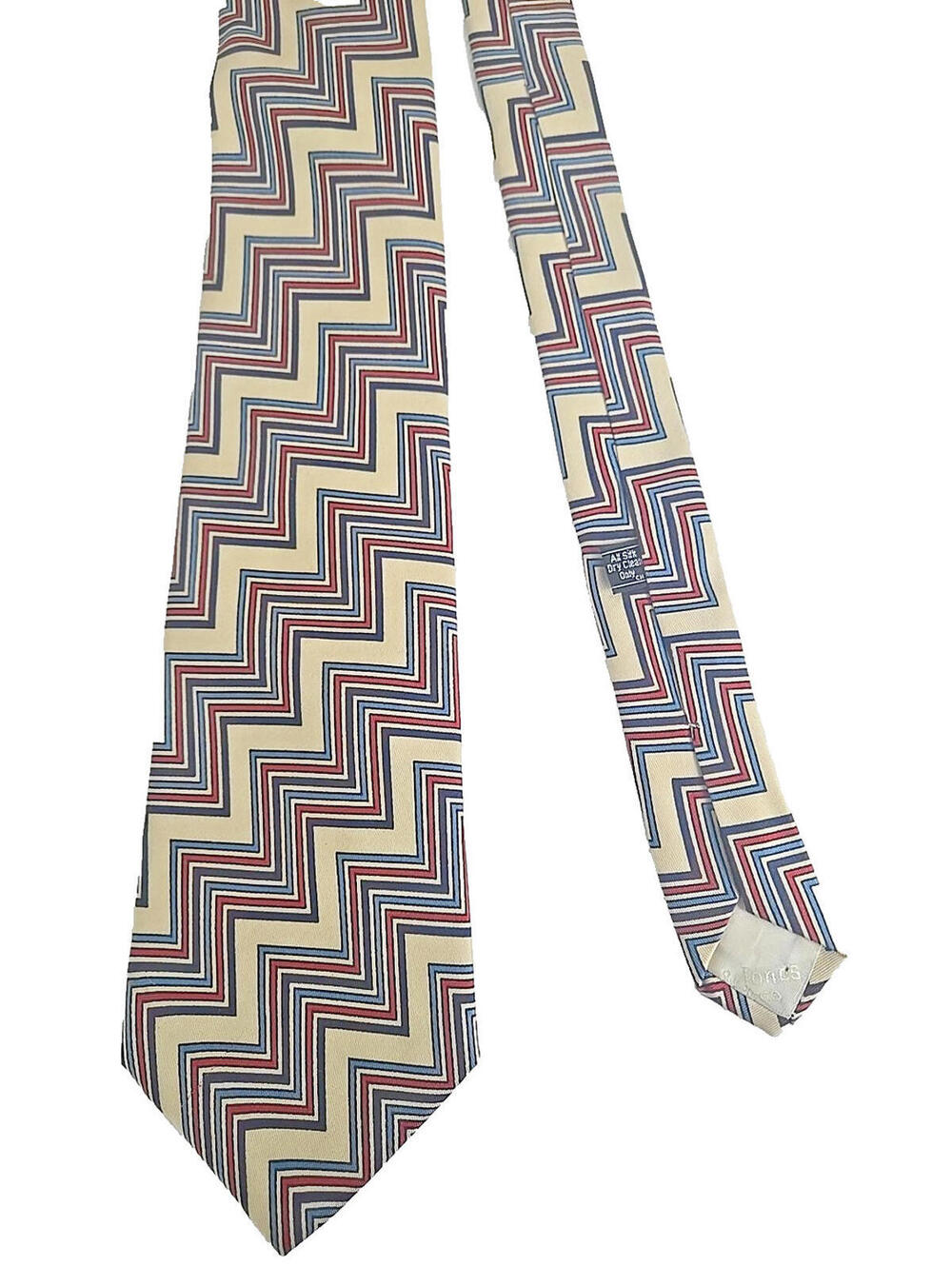 Bullock & Jones Tie Cream Geometric Zigzag 100% Silk Handmade UK Made